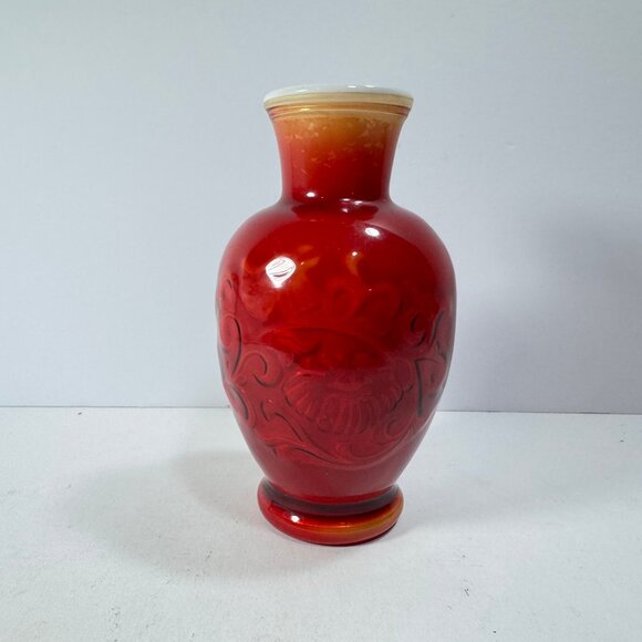 Vintage Avon Red & Orange Floral Glass Small Vase - Picture 1 of 9
